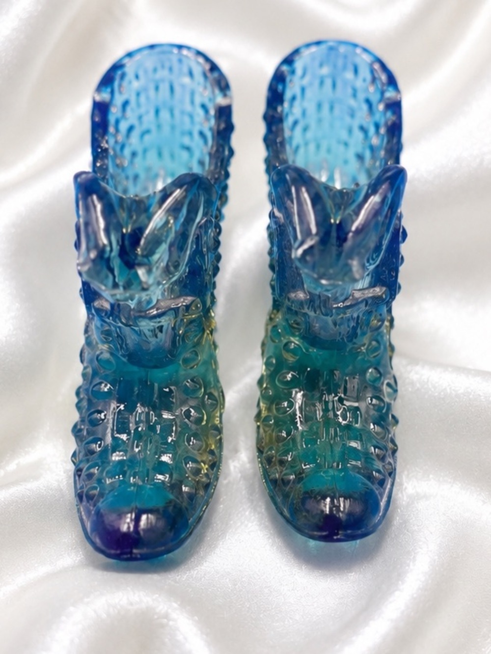 Vintage Hobnail Glass Shoe Pair – Green Depression Glass w/ cat head